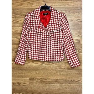 Talbots Moto Red White Houndstooth Wool Zip Up Jacket 6P
